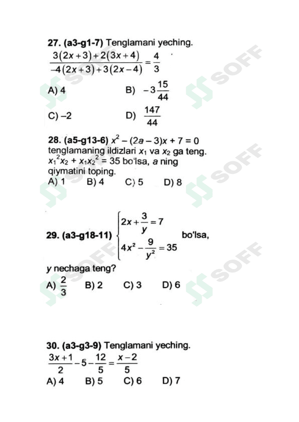 Matematikadan test topshiriqlari abiturientlar uchun