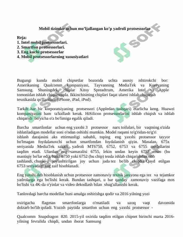 Mobil tizimlar uchun mo’ljallangan ko’p yadroli protsessorlar. mustaqil ish.
