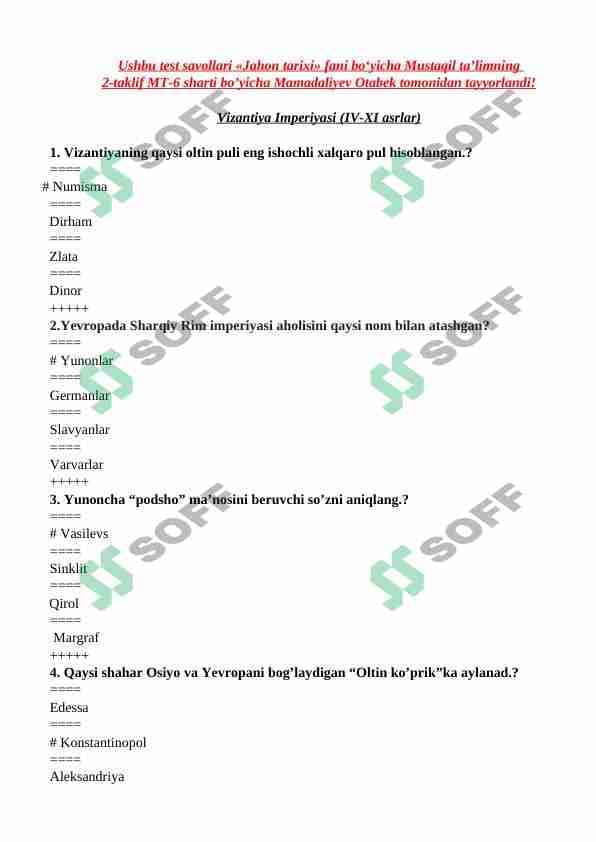 VIZANTIYA IMPERIYASI TEST