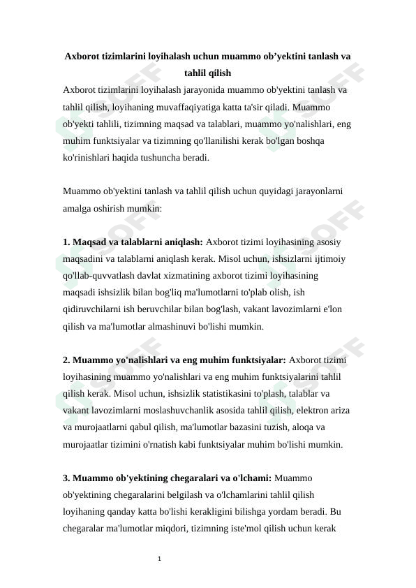 Axborot tizimlarini loyihalash uchun muammo ob’yektini tanlash va tahlil qilish