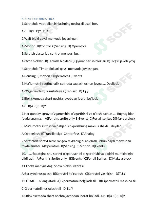 8-sinf informatika testlar