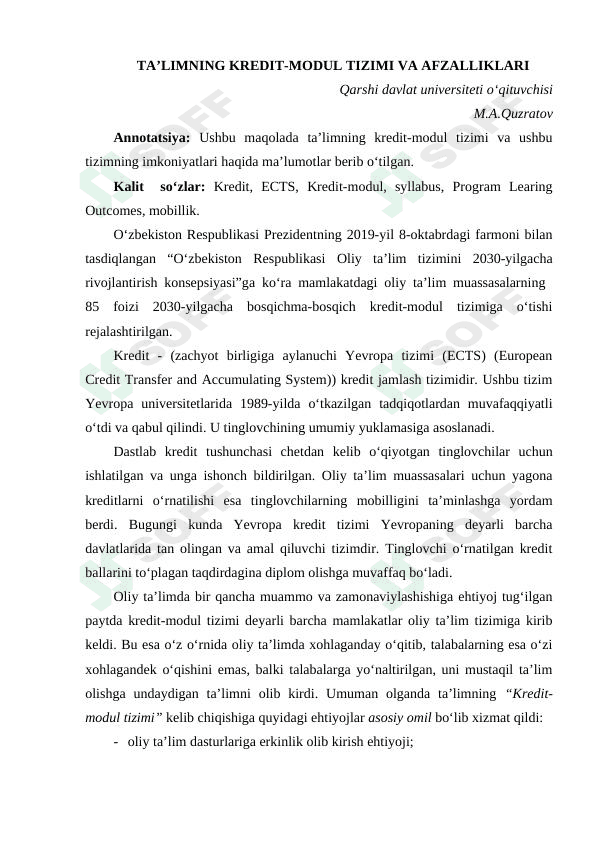 TA’LIMNING KREDIT-MODUL TIZIMI VA AFZALLIKLARI
