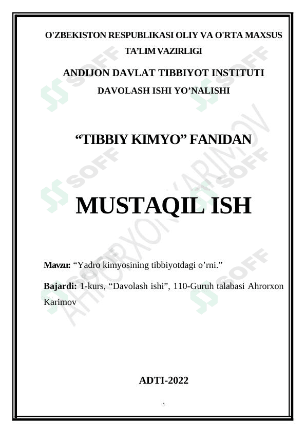 Yadro kimyosining tibbiyotdagi o’rni