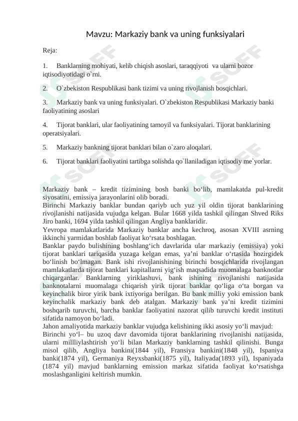 Markaziy bank va uning funksiyalari Silabus
