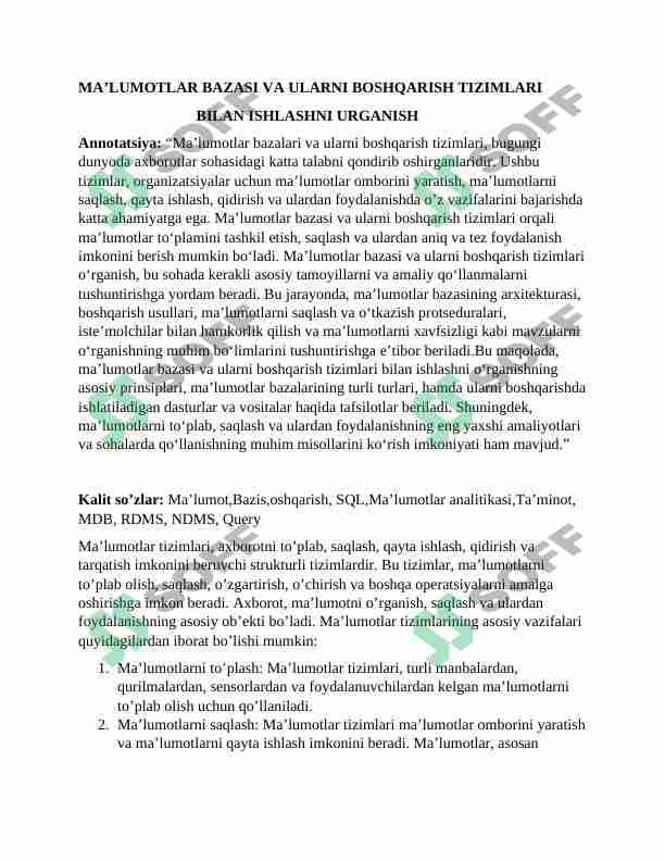 MA’LUMOTLAR BAZASI VA ULARNI BOSHQARISH TIZIMLARI  BILAN ISHLASHNI URGANISH