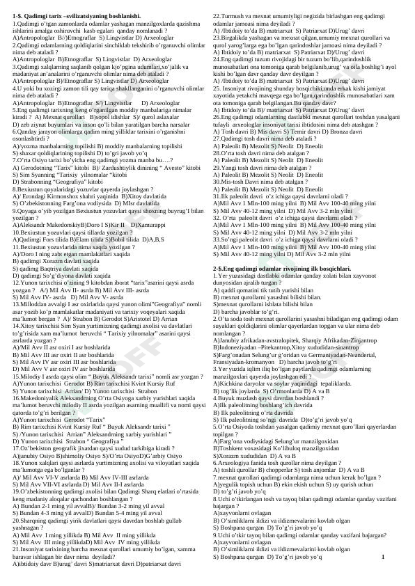 Tarix fanidan mavzulashtirilgan testlar
