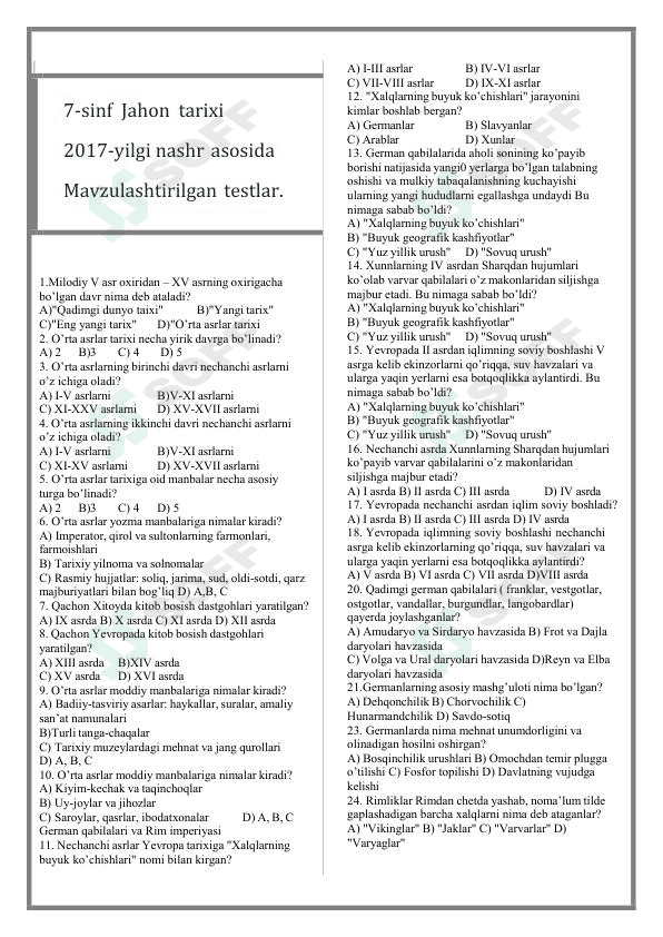 Jahon tarixi fanidan mavzulashtirilgan testlar / 7-sinf