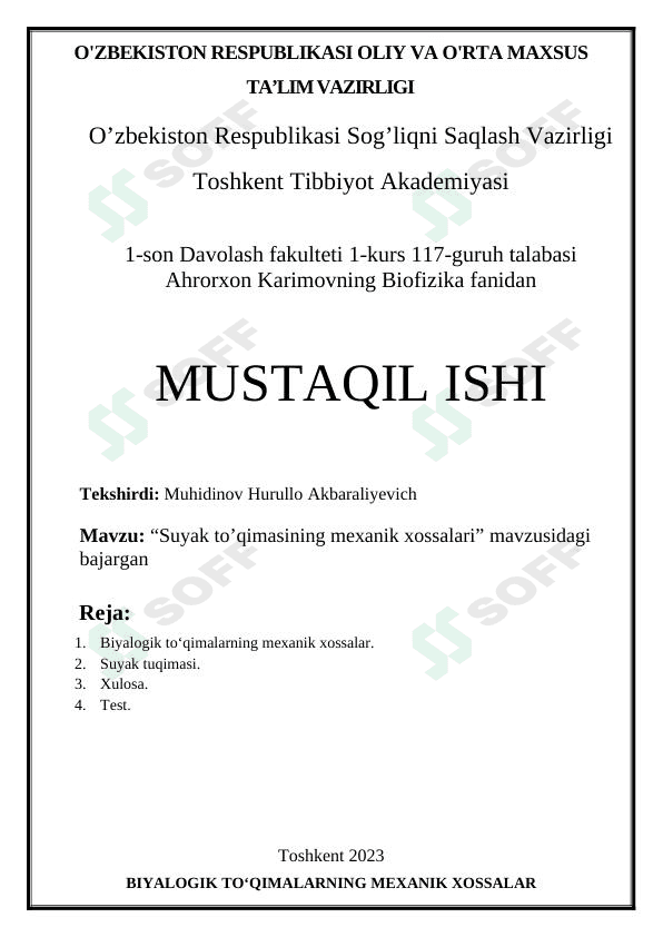Suyak to’qimasining mexanik xossalari