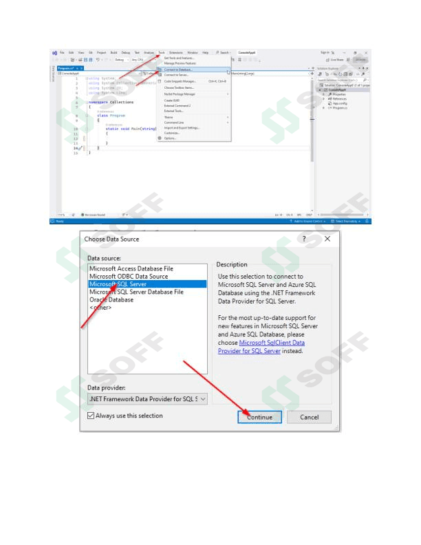SQL server connect Visual Studio ishga tushurish jarayoni.
