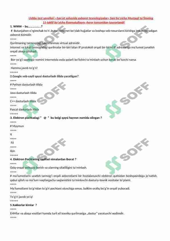 Bravzerlar mavzusiga doir test namuna