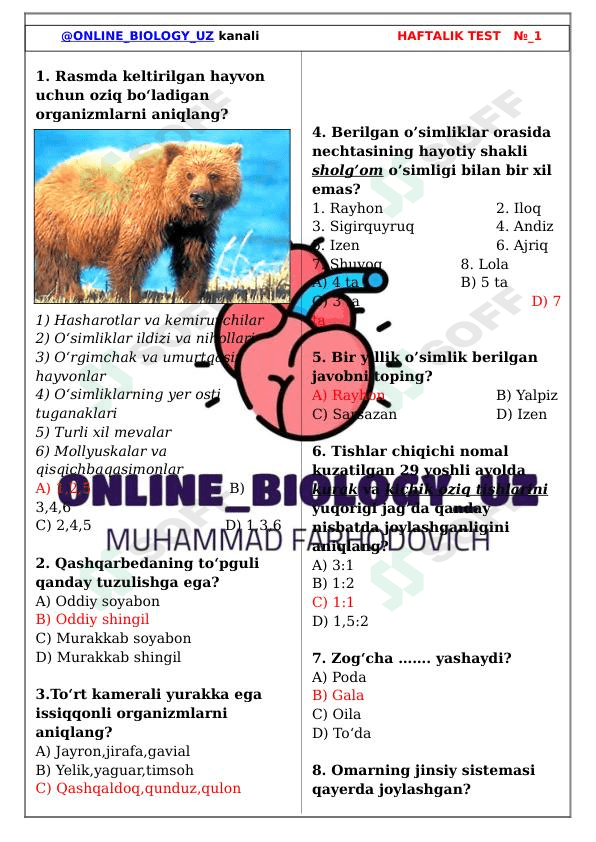 BIOLOGIYA FANIDAN DTM TEST-30 TALIK
