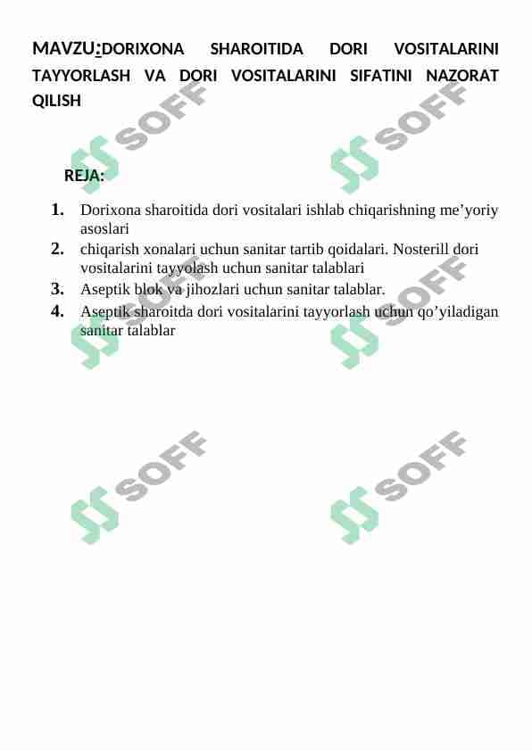 DORIXONA SHAROITIDA DORI VOSITALARINI TAYYORLASH VA DORI VOSITALARINI SIFATINI NAZORAT QILISH