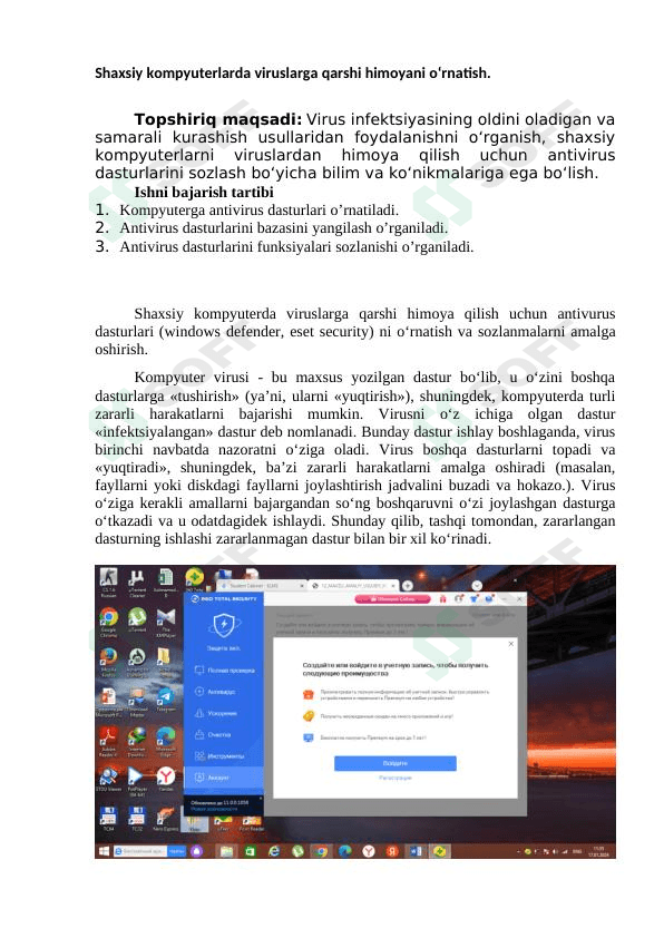 Shaxsiy kompyuterlarda viruslarga qarshi himoyani o‘rnatish