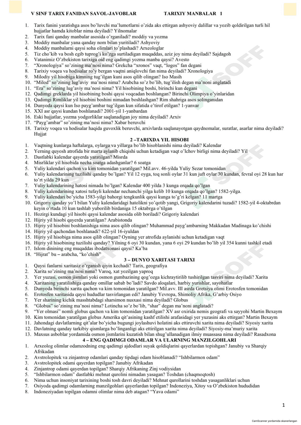 5-sinf tarix fanidan umumiy savol-javoblar to'plami