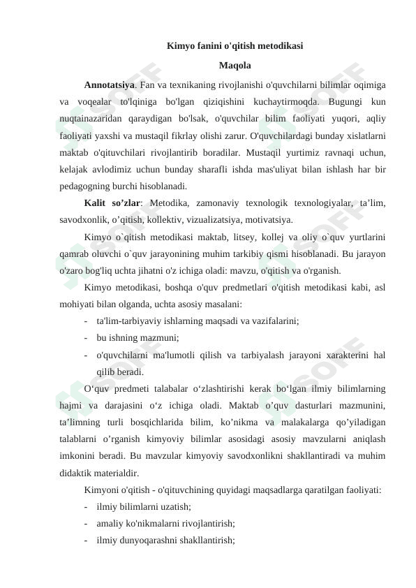 Kimyo fanini o'qitish metodikasi