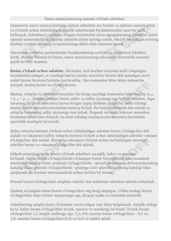 Nasos stantsiyalarining nazorat o'lchash asboblari