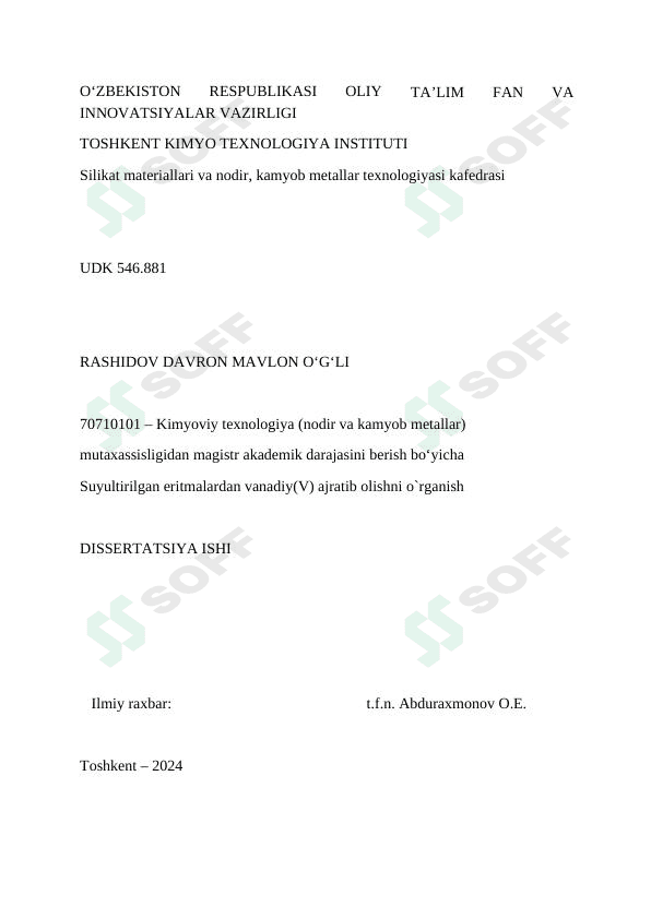 Suyultirilgan eritmalardan vanadiy ajratib olish mavzusidagi adabiyotlar sharhi