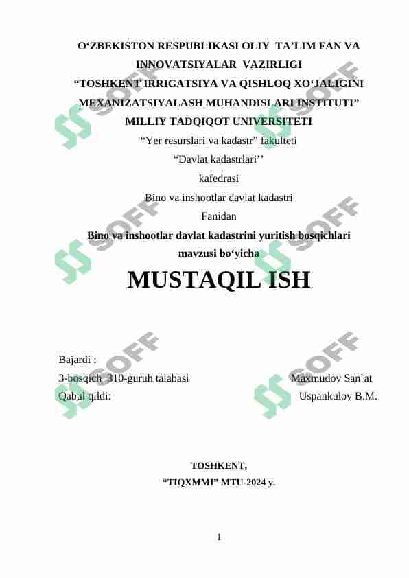 Bino va inshootlar davlat kadastrini yuritish bosqichlari  mavzusi