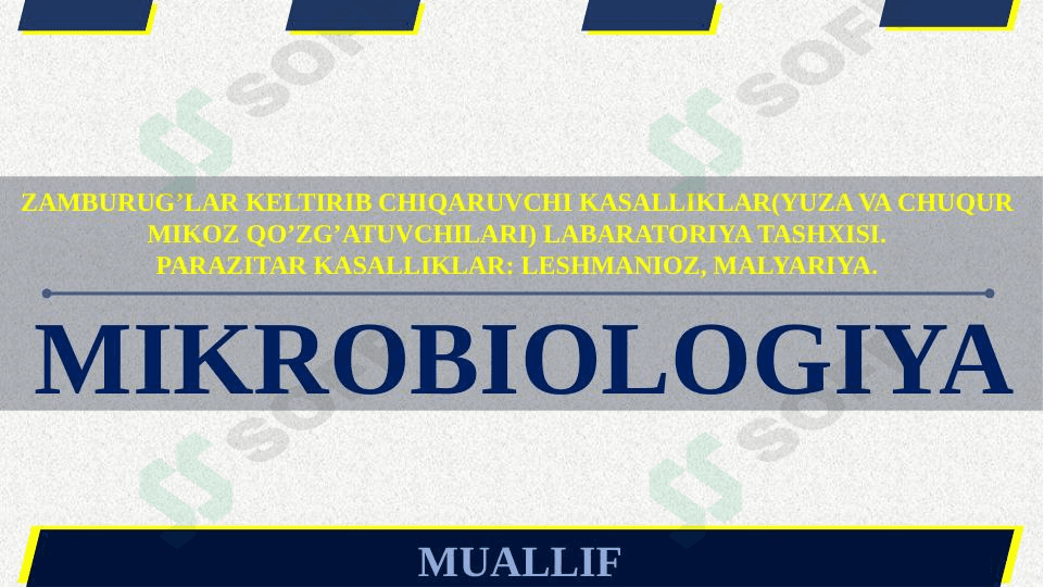 ZAMBURUG’LAR KELTIRIB CHIQARUVCHI KASALLIKLAR(YUZA VA CHUQUR MIKOZ QO’ZG’ATUVCHILARI) LABARATORIYA TASHXISI.PARAZITAR KASALLIKLAR: LESHMANIOZ, MALYARIYA.