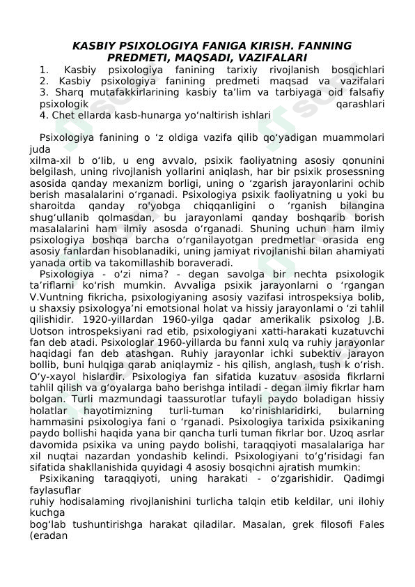 KASBIY PSIXOLOGIYA FANIGA KIRISH. FANNING PRЕDMЕTI, MAQSADI, VAZIFALARI