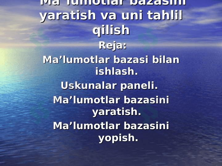 Ma`lumotlar bazasini yaratish va uni tahlil qilish