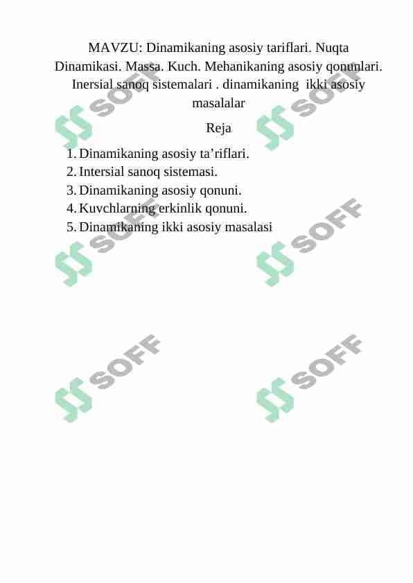 Dinamikaning asosiy tariflari