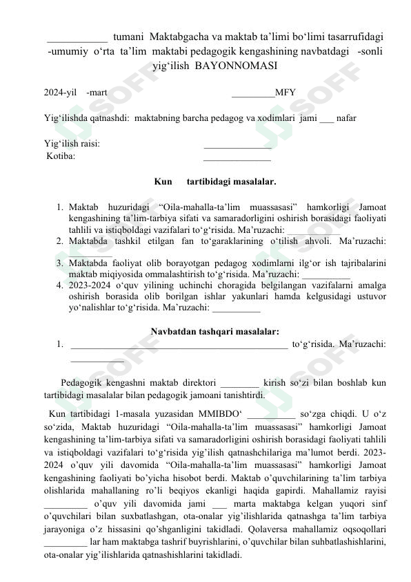 4 sonli Pedagogik kengash bayonnomasi blankasi 2023-2024.