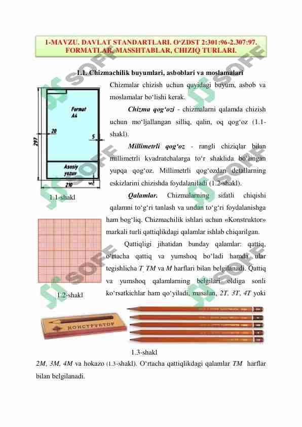DAVLAT STANDARTLARI. O‘ZDST 2:301:96-2.307:97. FORMATLAR, MASSHTABLAR, CHIZIQ TURLARI.