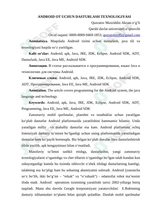 ANDROID OT UCHUN DASTURLASH TEXNOLOGIYASI