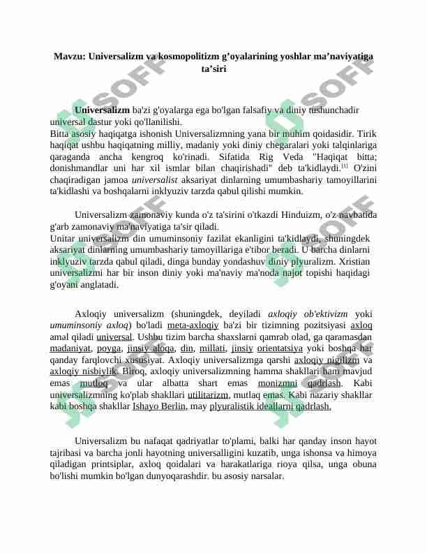 Universalizm va kosmopolitizm g’oyalarining yoshlar ma’naviyatiga ta’siri