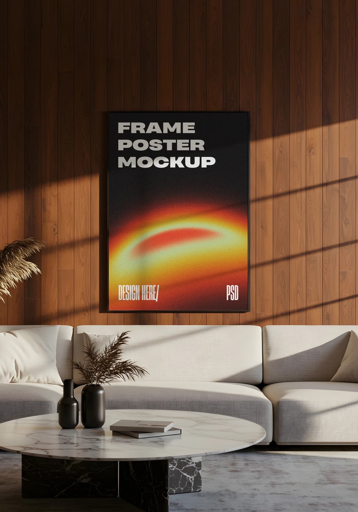 Ramkali plakat maketi bilan zamonaviy yashash xonasining ichki qismi | Modern living room interior with framed poster mockup