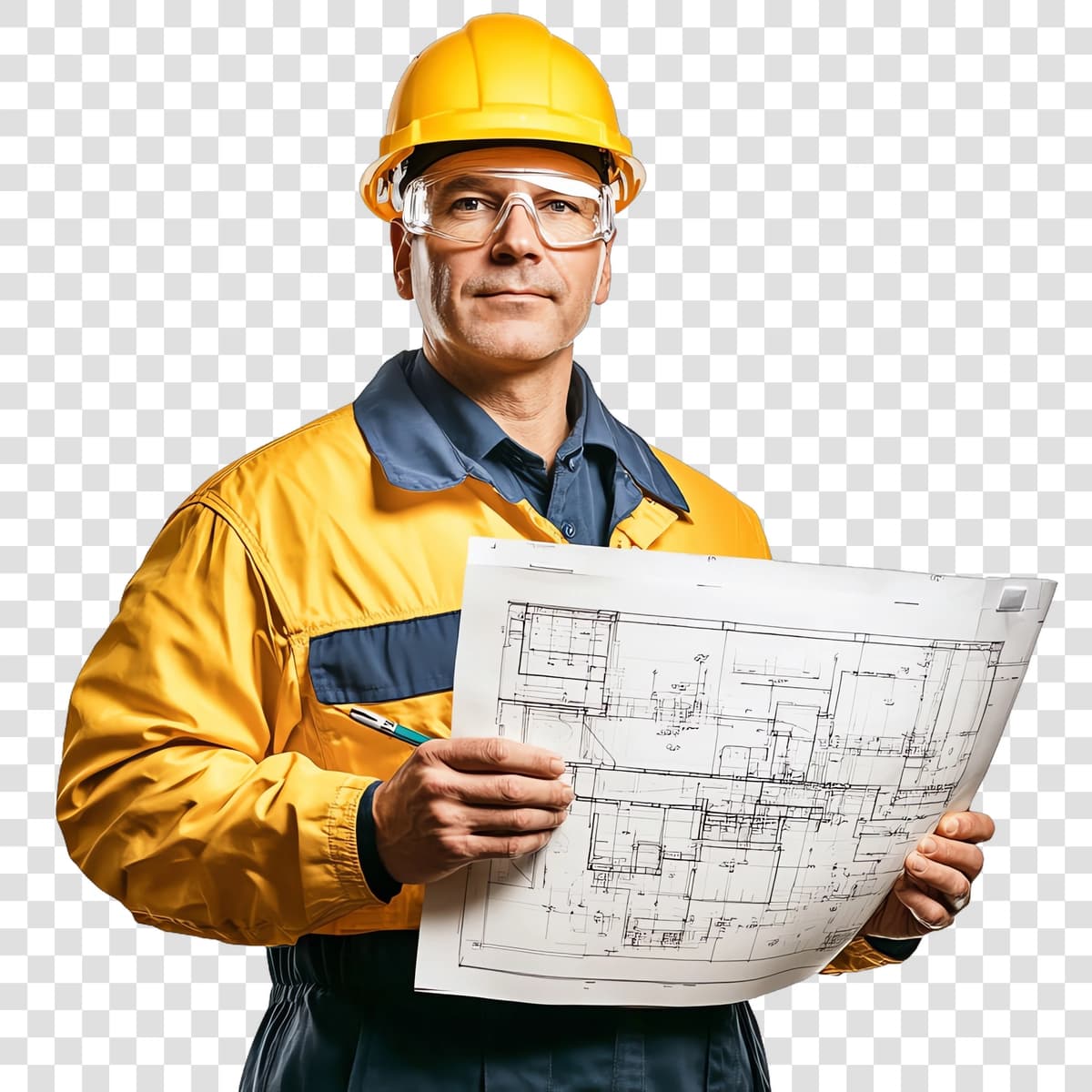 Portret muhandisi chizmani ushlab turgan sariq shlyapa xavfsizlik ko'zoynagi | Portrait engineer hard yellow hat safety glasses holding blueprint