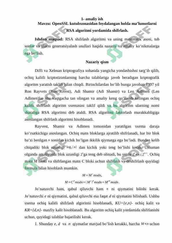 Kriptografiyadan 1 - amaliy ish