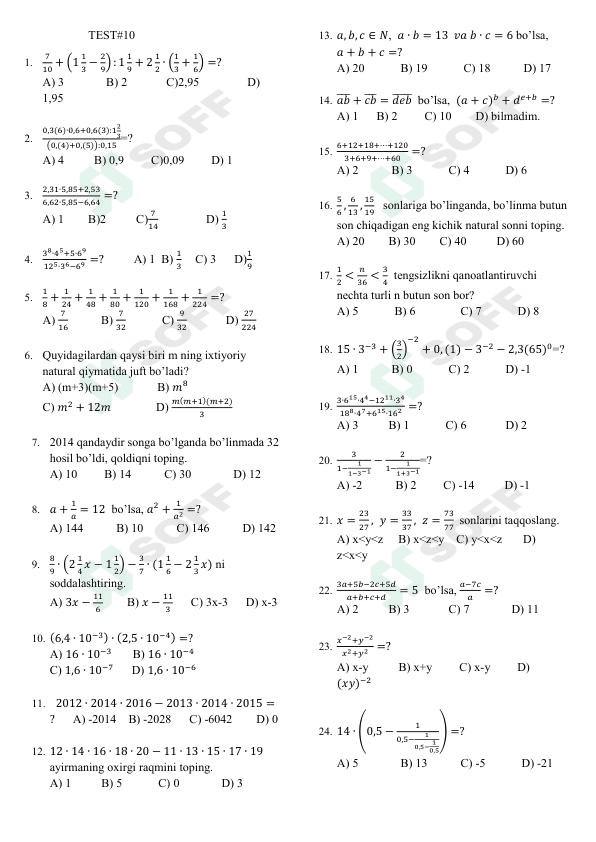 Matematika fanidan testlar 10