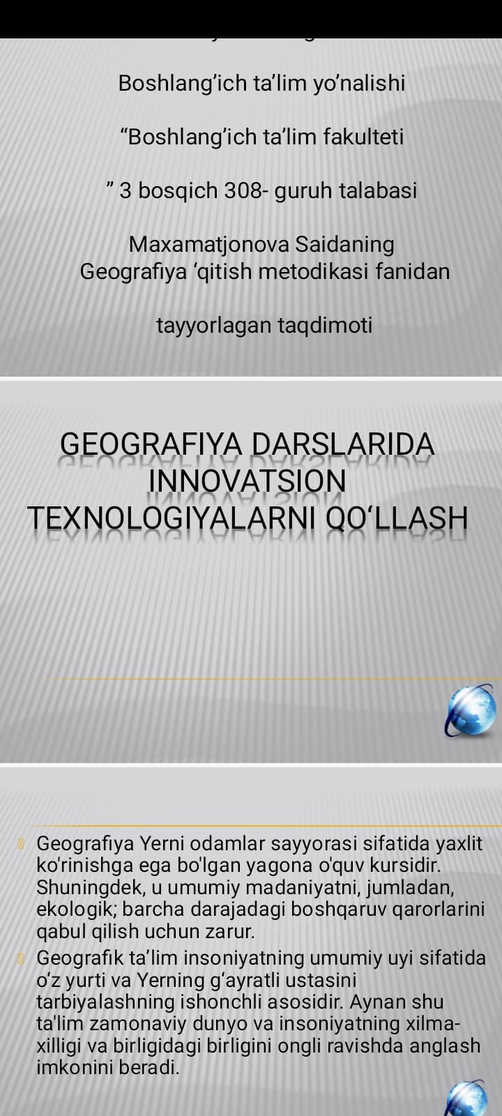 Geografiya darslarida innovatsion texnologiyalarni qo‘llash