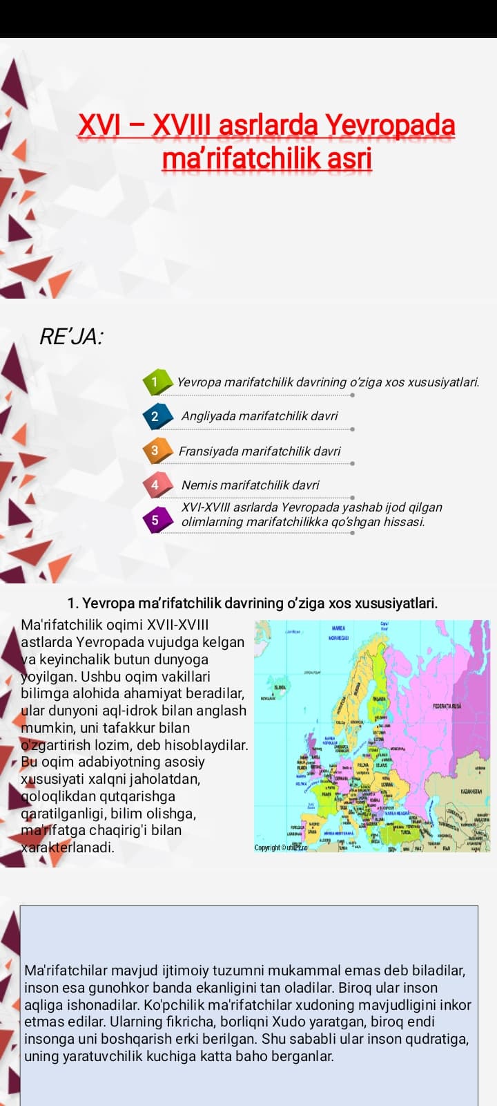 XVI – XVIII asrlarda Yevropada ma’rifatchilik asri