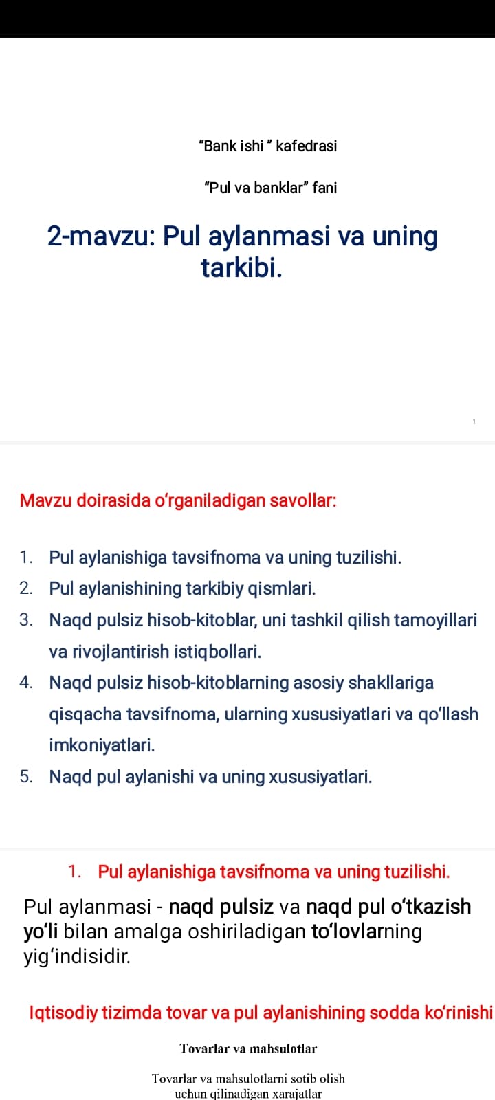Pul aylanmasi va uning tarkibi.