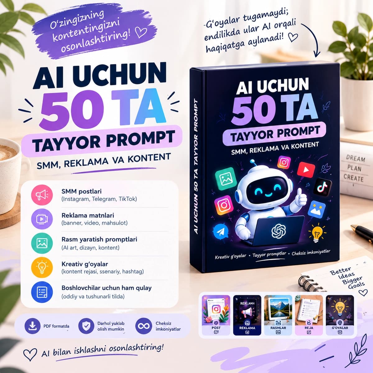 AI uchun 50 ta tayyor prompt — SMM, reklama va kontent