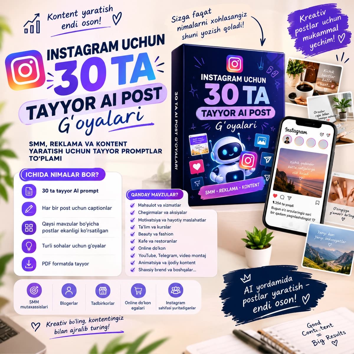 Instagram uchun 30 ta tayyor AI post g‘oyalari