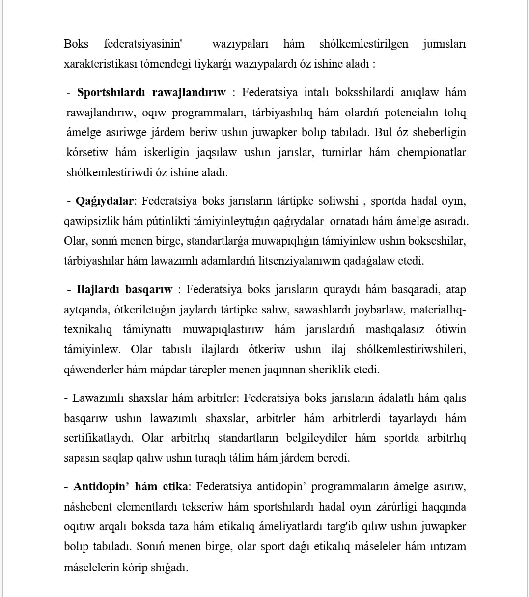 BOKS FEDERATCIYASI SIPATLAMASI WAZIYPALARI HAM       SHOLKEMLESTIRILGEN JUMUSLARI