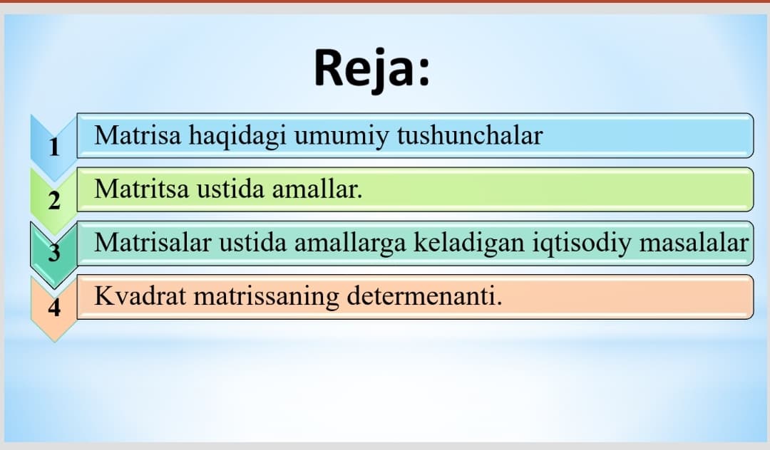 MATRITSALAR VA ULAR USTIDA AMALLAR. KVADRAT MATRITSANING DETERMENANTI