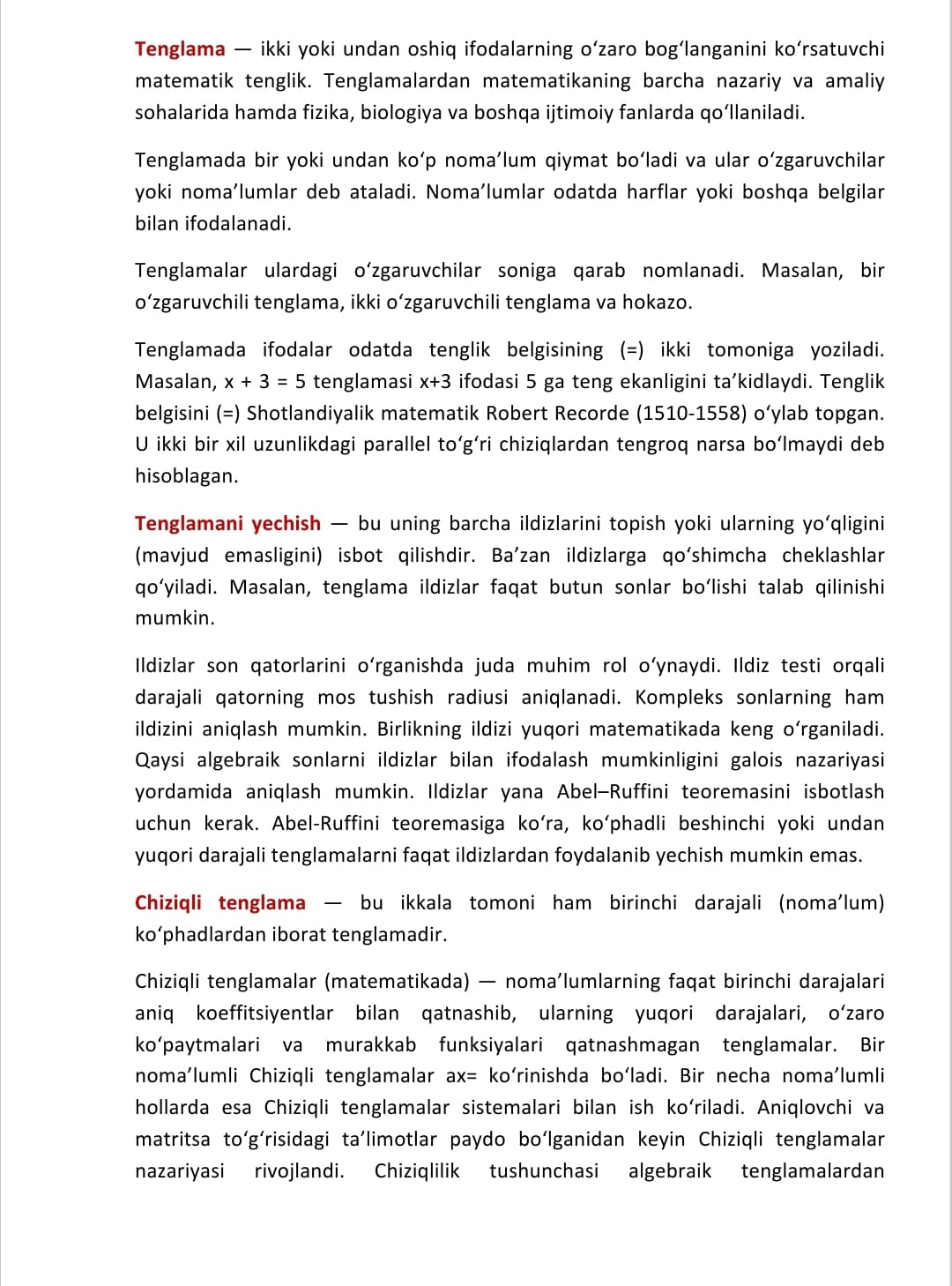 Ikkinchi va undan yuqori darajali tenglamalar  sistemasi.