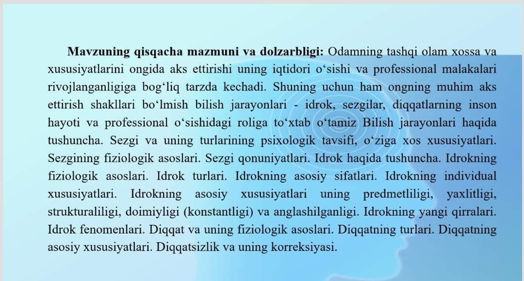 Bilish jarayonlari haqida tushuncha. SEZGI
