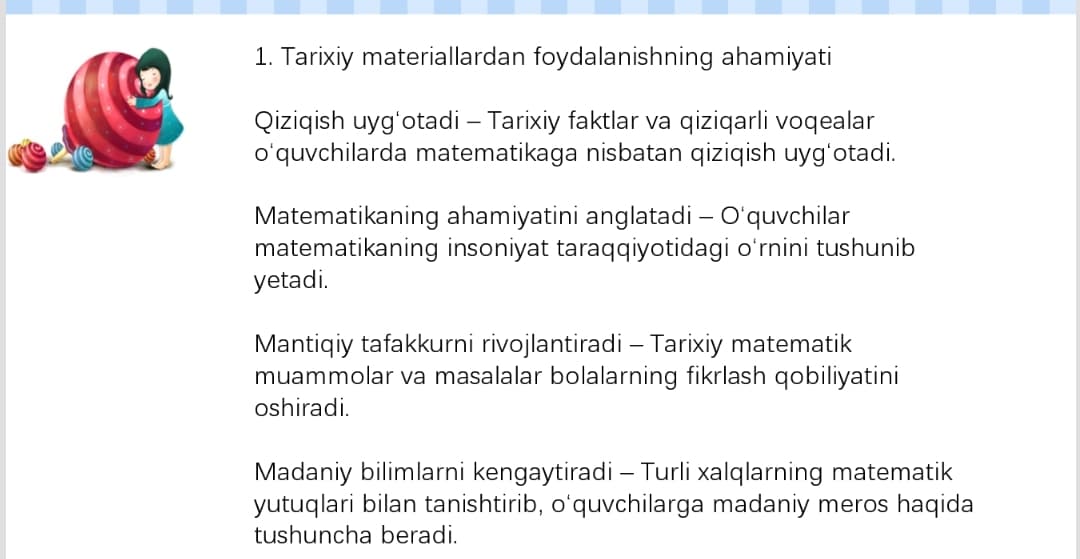 Boshlang’ich sinflarda matematikadan sinfdan tashqari  ishlarda tarixiy materiallardan foydalanish.