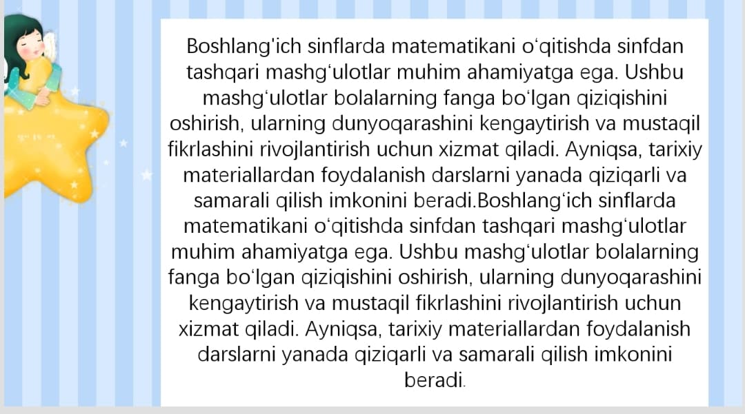 Boshlang’ich sinflarda matematikadan sinfdan tashqari  ishlarda tarixiy materiallardan foydalanish.