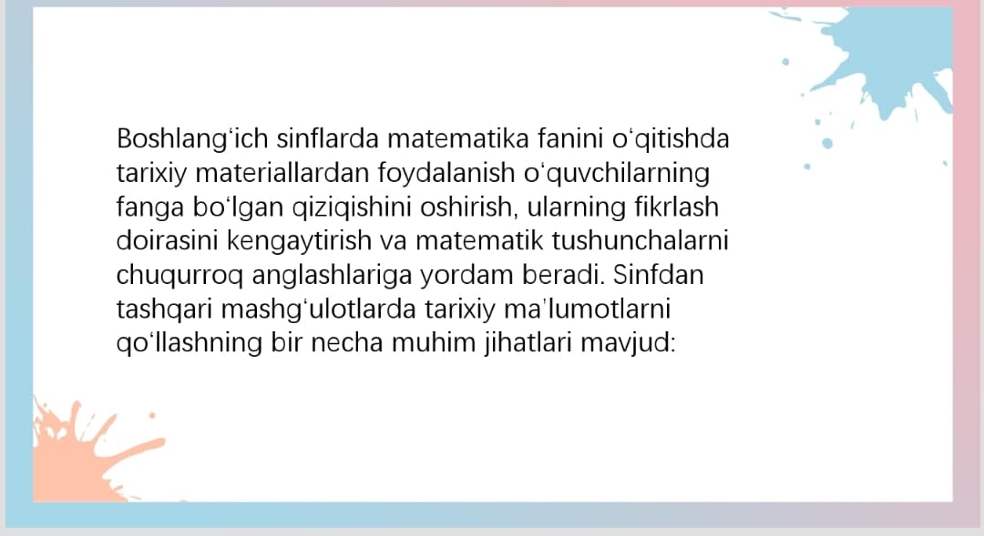 Mavzu:Boshlangʻich sinflarda matematikadan sinfdan tashqari ishlarda tarixiy materiallardan foydalanish