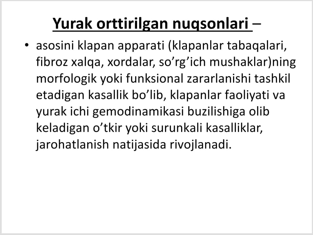 Yurak qon-tomir nuqsonlari. Aorta teshik torayishi va klapan yetishmovchiligi yurak nuqsonlari. Gemodinamik o'zgarishlar, klinikasi, davolash, bemorlarni parvarish qilish