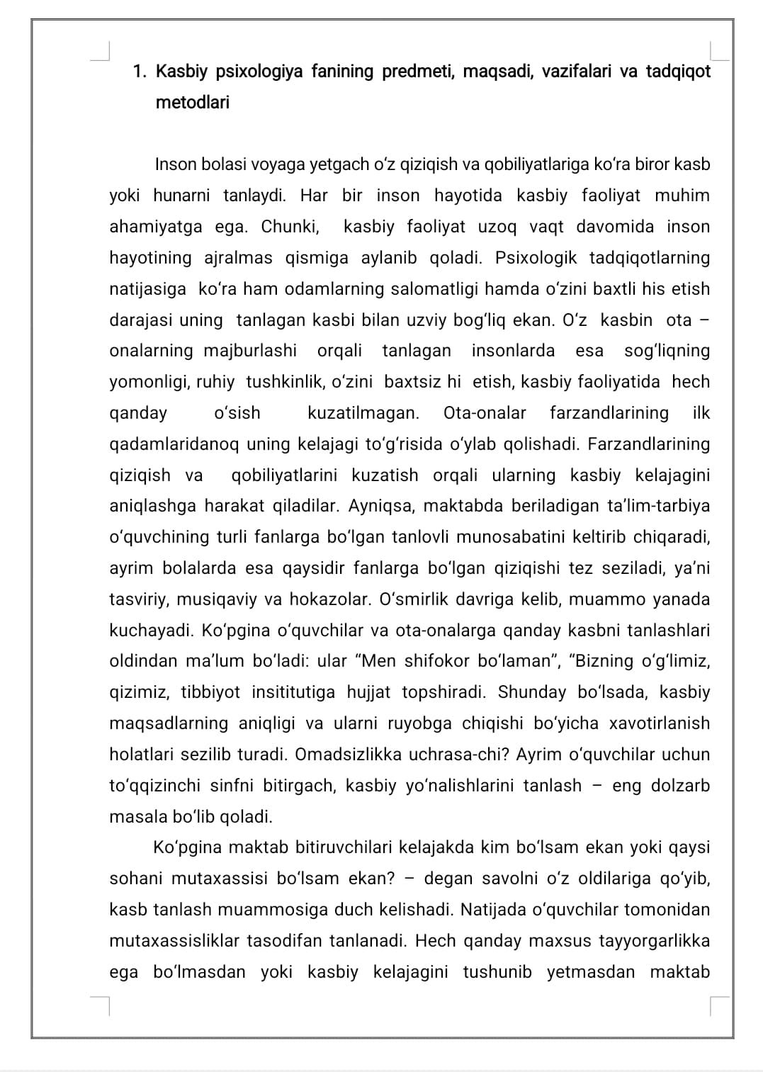 KASBIY PSIXOLOGIYA FANIGA KIRISh. FANNING PREDMETI, MAQSADI, VAZIFALARI