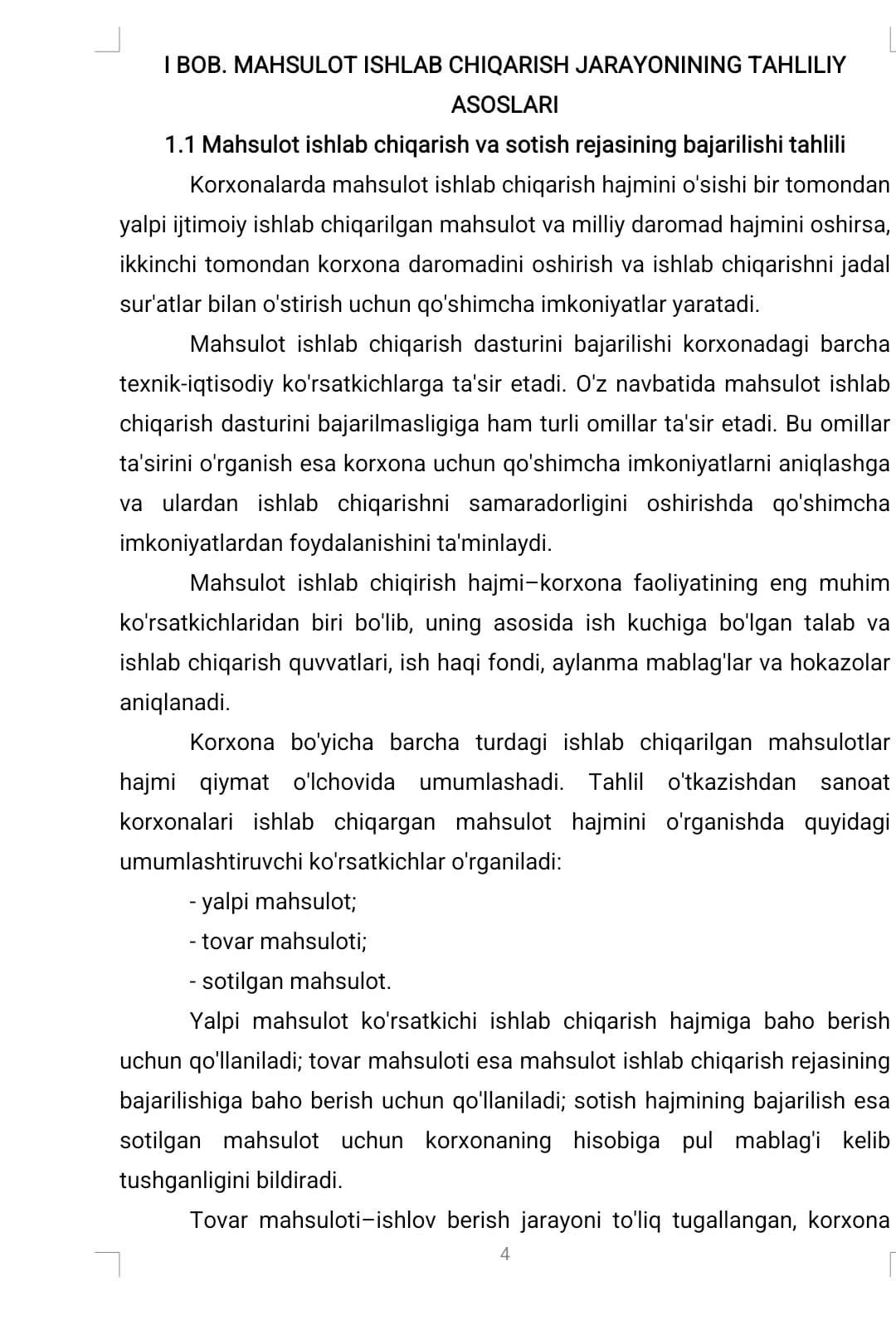 Mahsulotni ishlab chiqarish va uni sotishni tahlil qilish usullari