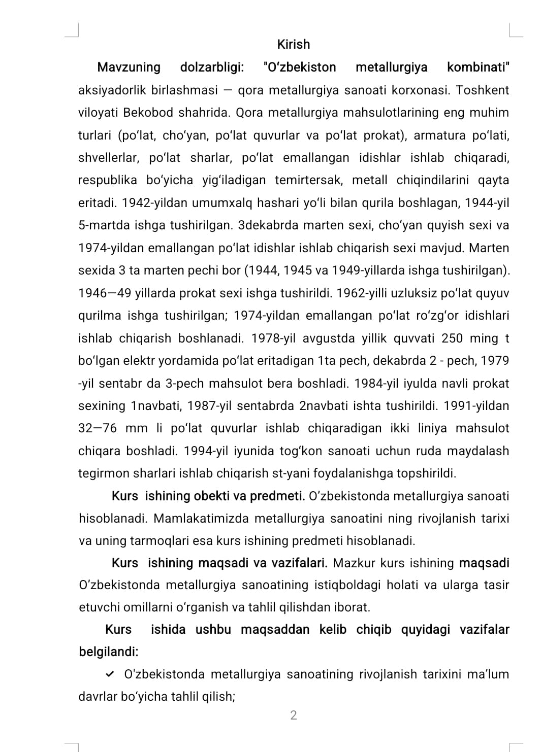 O’ZBEKISTONDA METALLURGIYA SANOATI